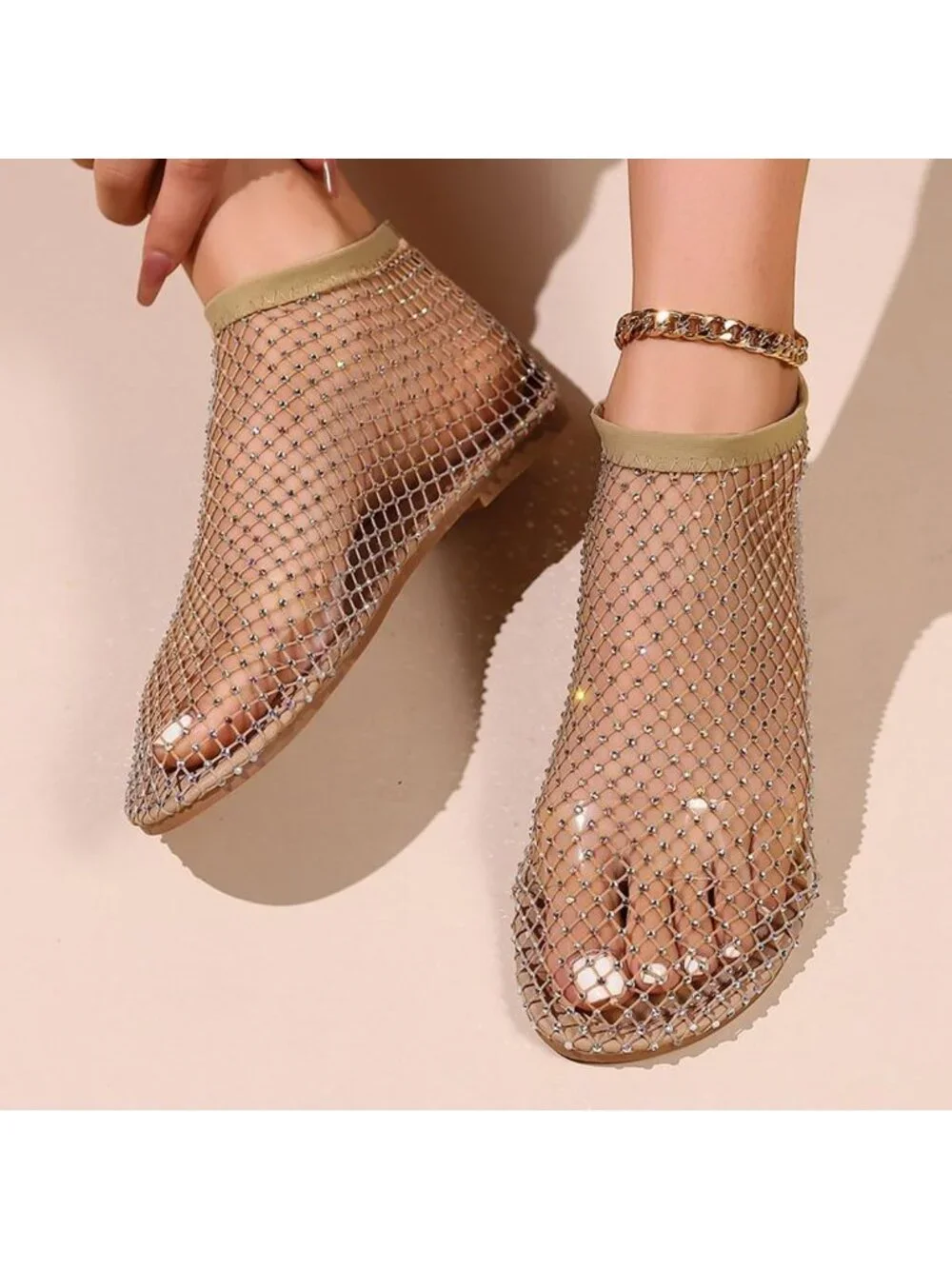 Women's Gold Mesh Comfortable Fishnet Low Heel Slip on Rhinestone Flats Shoes